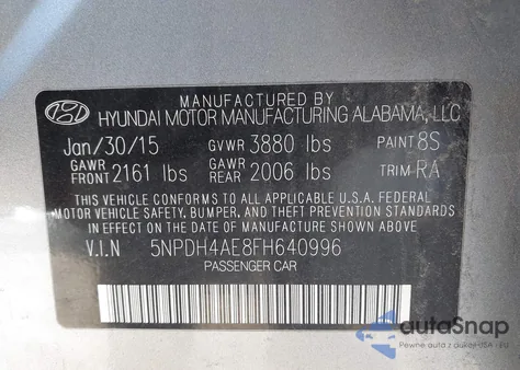 2015 Hyundai Elantra Se из США, поврежденный, VIN 5NPDH4AE8FH640996